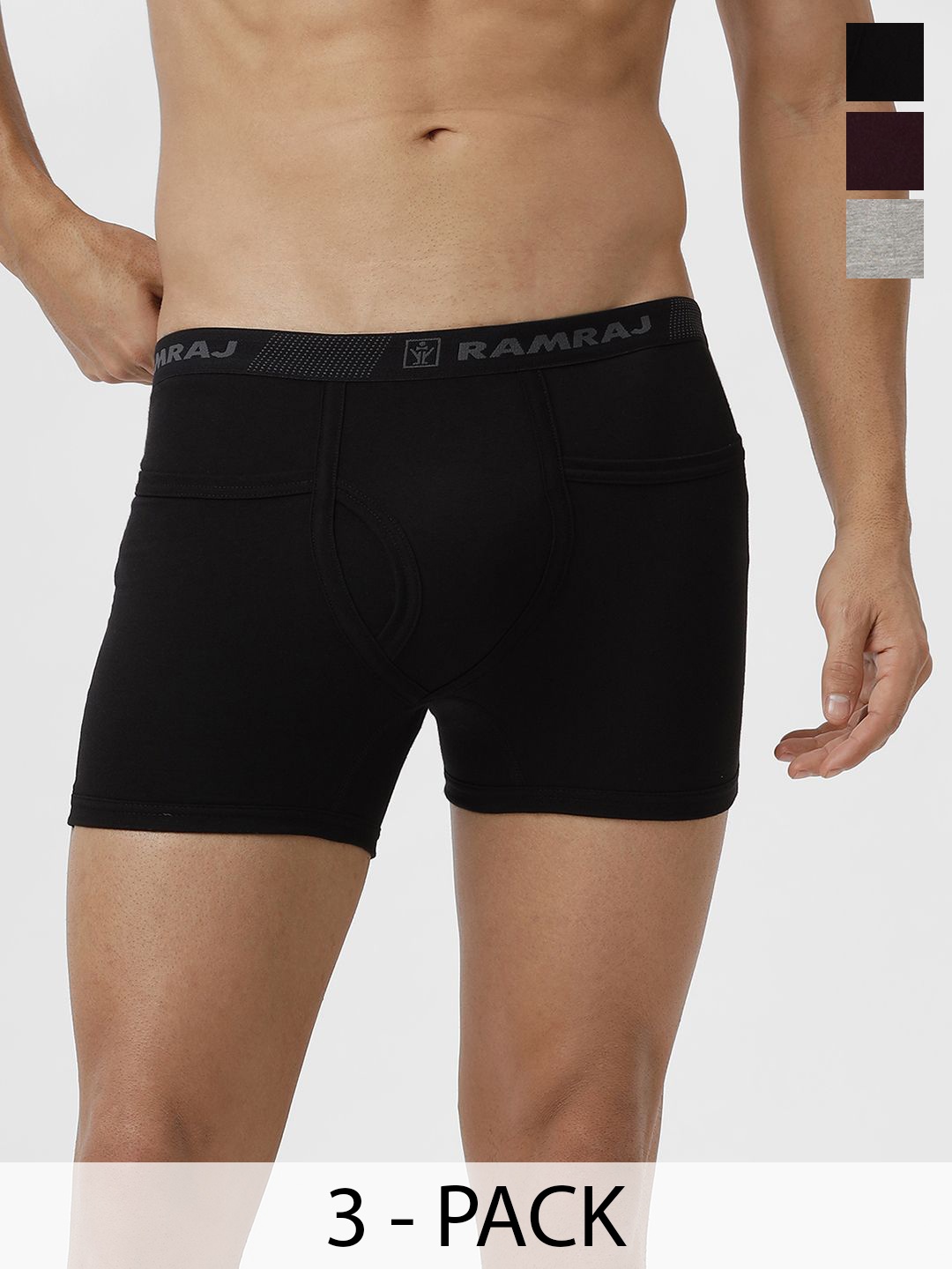 

Ramraj Men Pack of 3 Solid Low Rise Cotton Trunks, Black