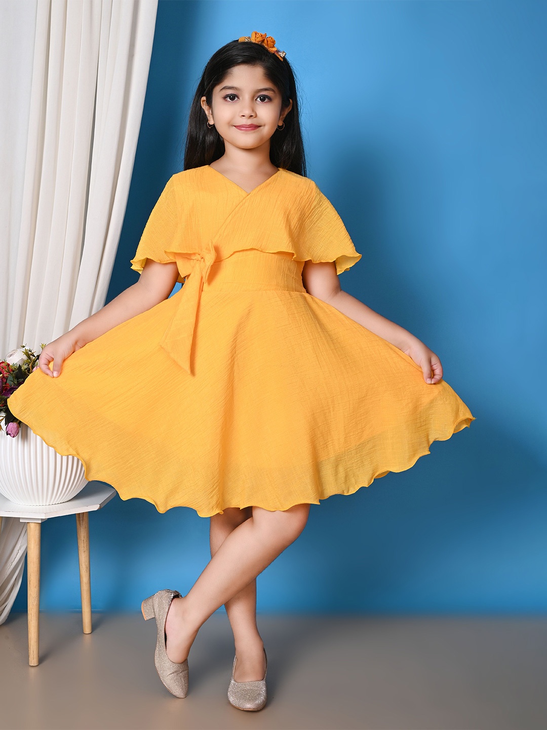 

BARKAT DESIGNING PLANET Cape Sleeve Fit & Flare Dress, Yellow