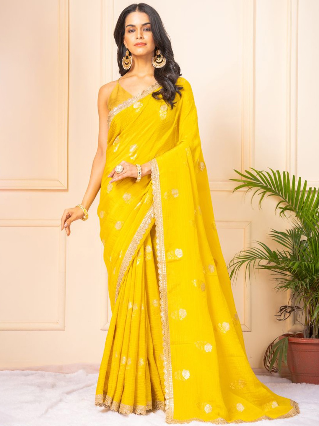 

KAJREE Woven Design Sequinned Pure Georgette Jamdani Saree, Yellow