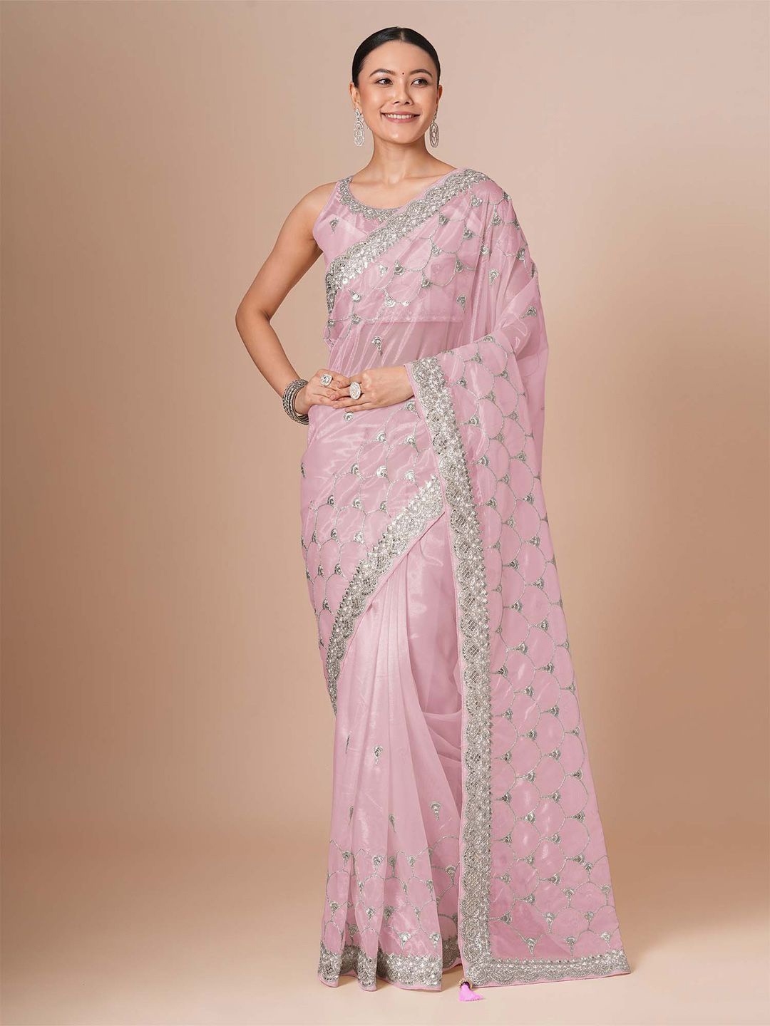 

House of Pataudi Embellished Sequinned Saree, Pink