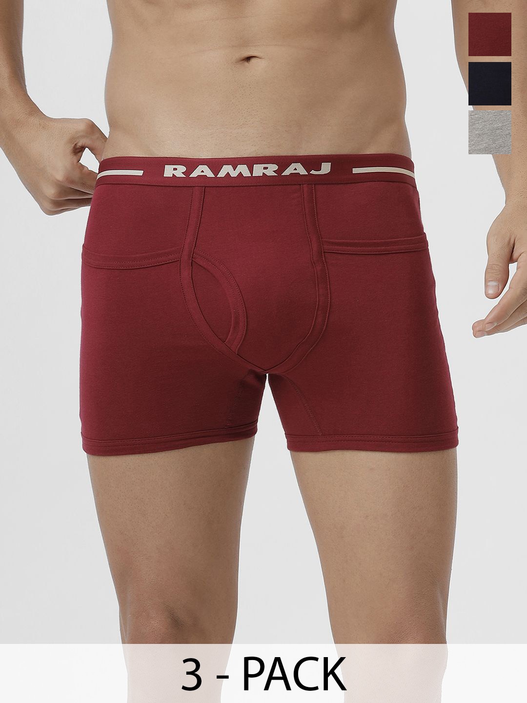 

Ramraj Men Pack of 3 Solid Low Rise Cotton Fine Jersey Target Trunks, Grey melange