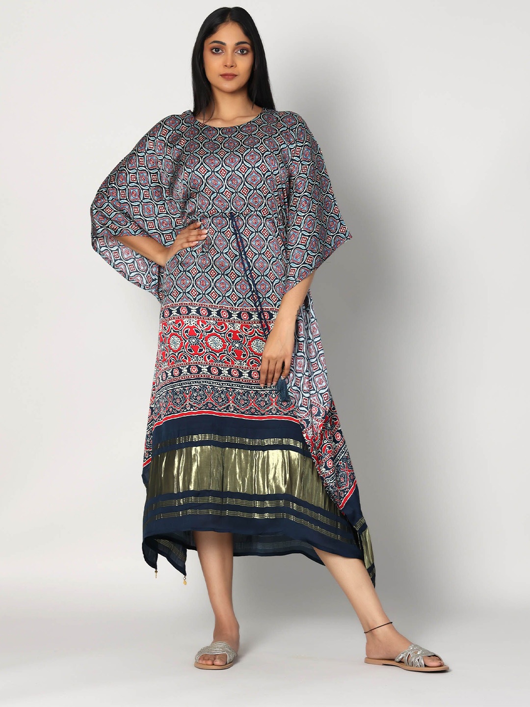 

Hassu's Ethnic Motifs Printed Kaftan Midi Dress, Navy blue