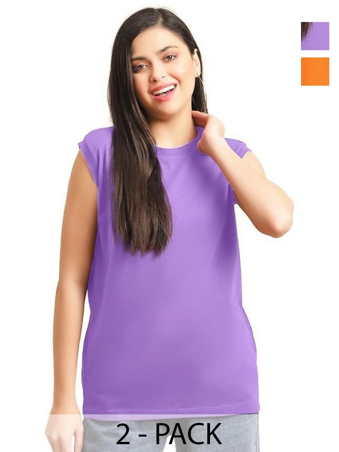

NOTWILD Women Pack Of 2 Solid Cotton Relaxed Fit T-shirts, Orange