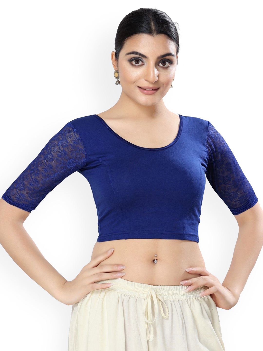 

Mmore Round Neck Stretchable Saree Blouse, Blue