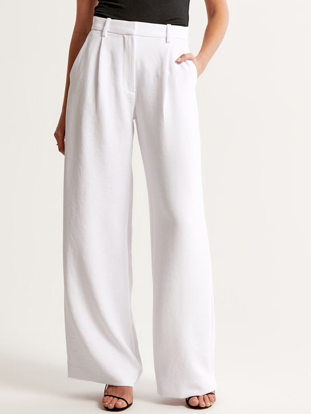 

FNOCKS Women Original Straight Fit Lint Free Pleated Mid-Rise Formal Trousers, White