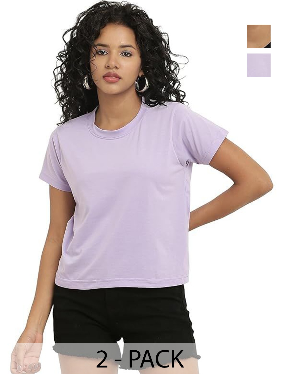 

NOTWILD Women Pack Of 2 Solid Round Neck Cotton T-shirts, Black