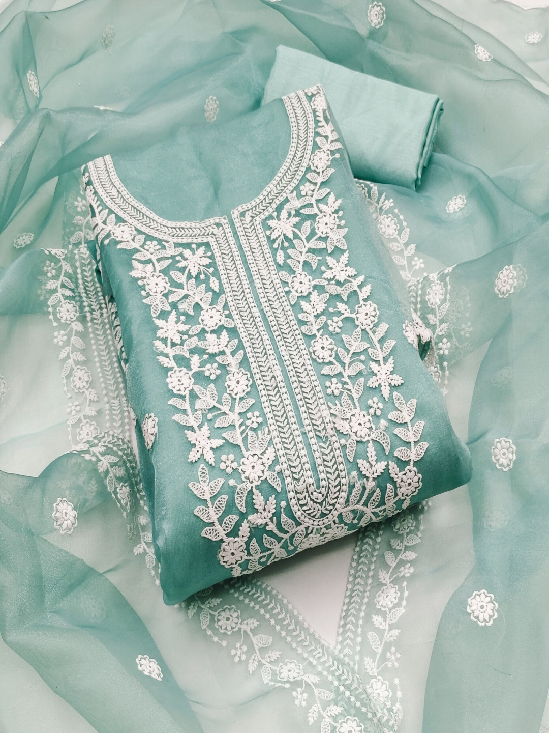 

HERE&NOW Floral Embroidered Organza Unstitched Dress Material, Sea green