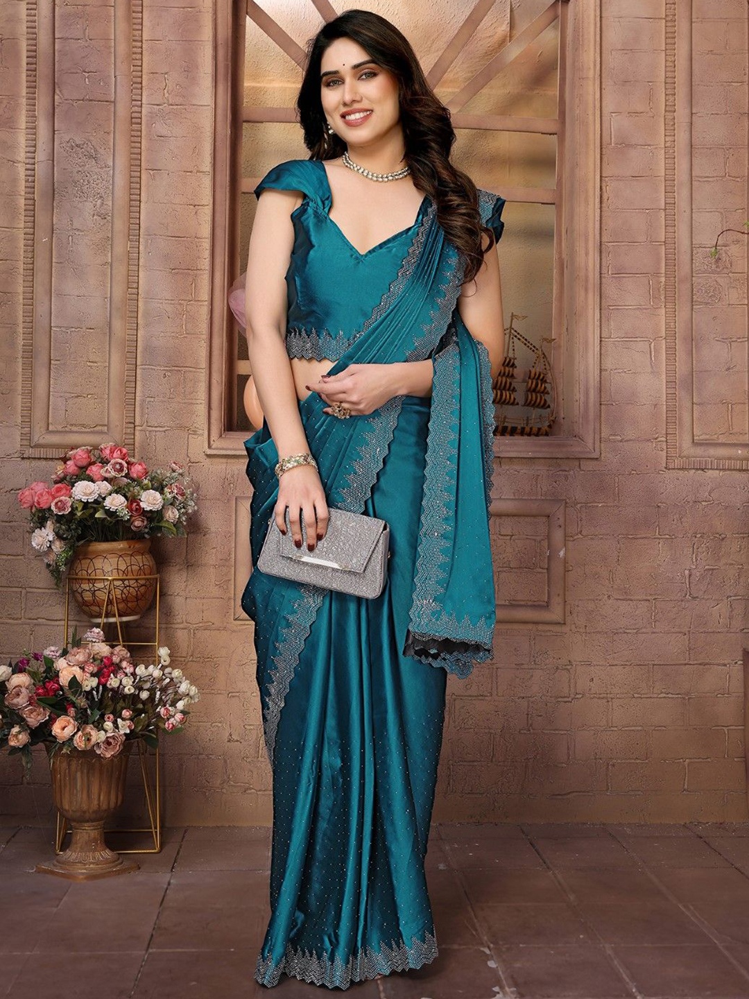 

KALINI Ethnic Motifs Beads and Stones Satin Saree, Blue