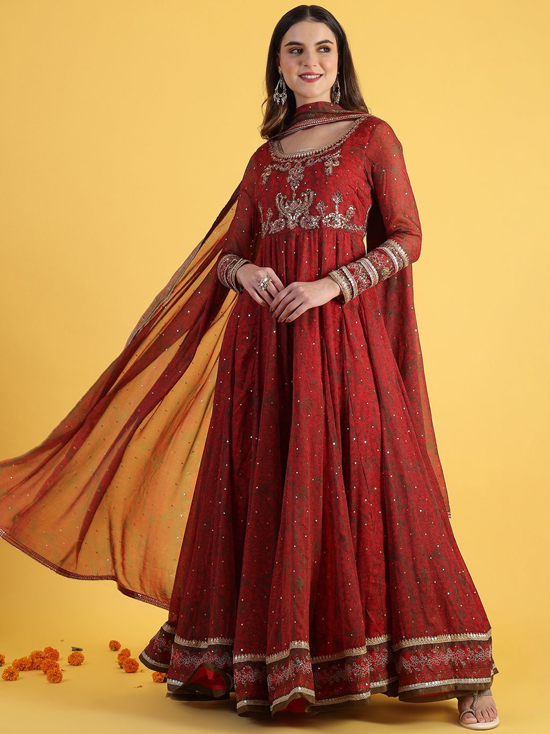 

WISHFUL Floral Embroidered Sequinned Anarkali Ethnic Dress With Dupatta, Red