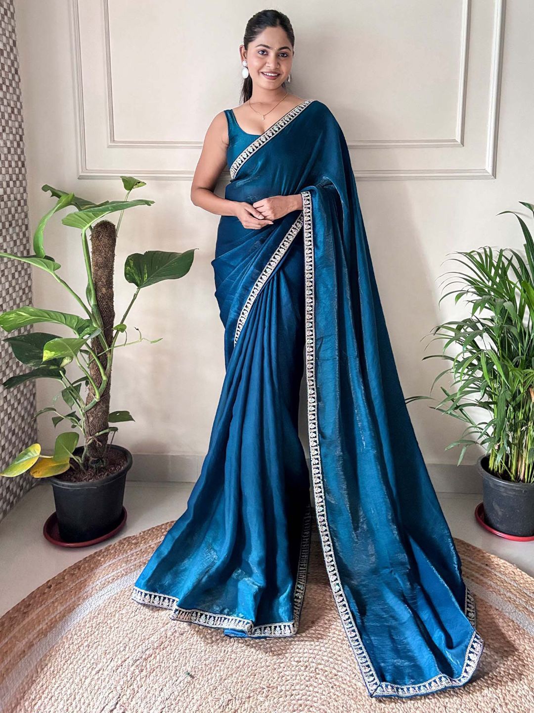 

Mitera Sequinned Satin Saree with Blouse Piece, Blue