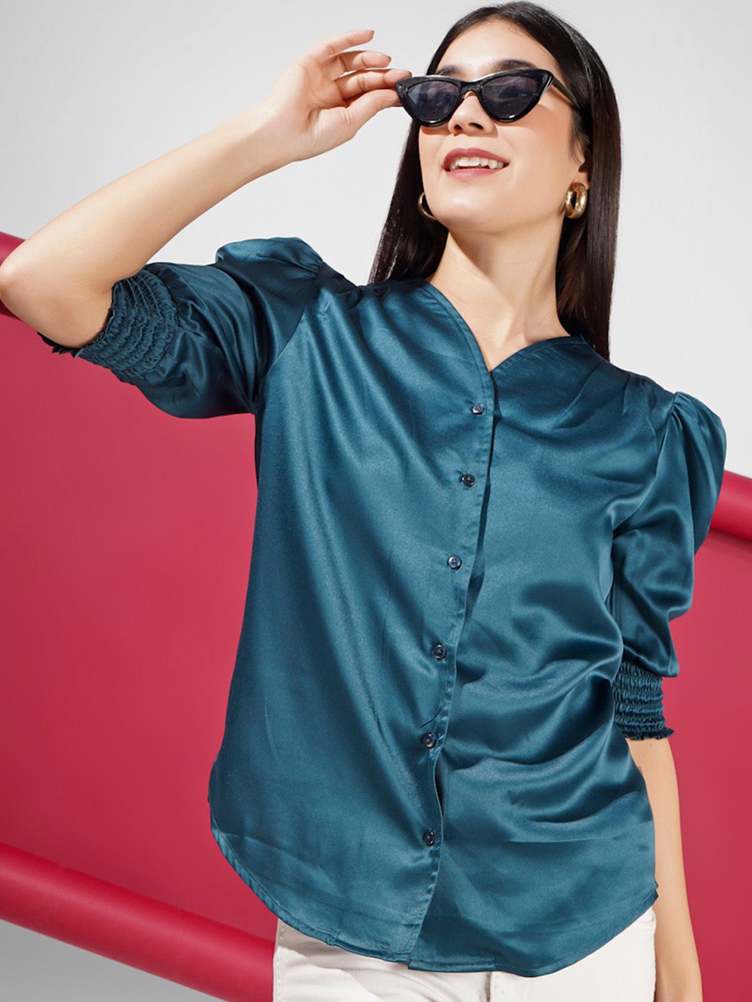 

angloindu Maisha Puff Sleeve Satin Shirt Style Top, Teal