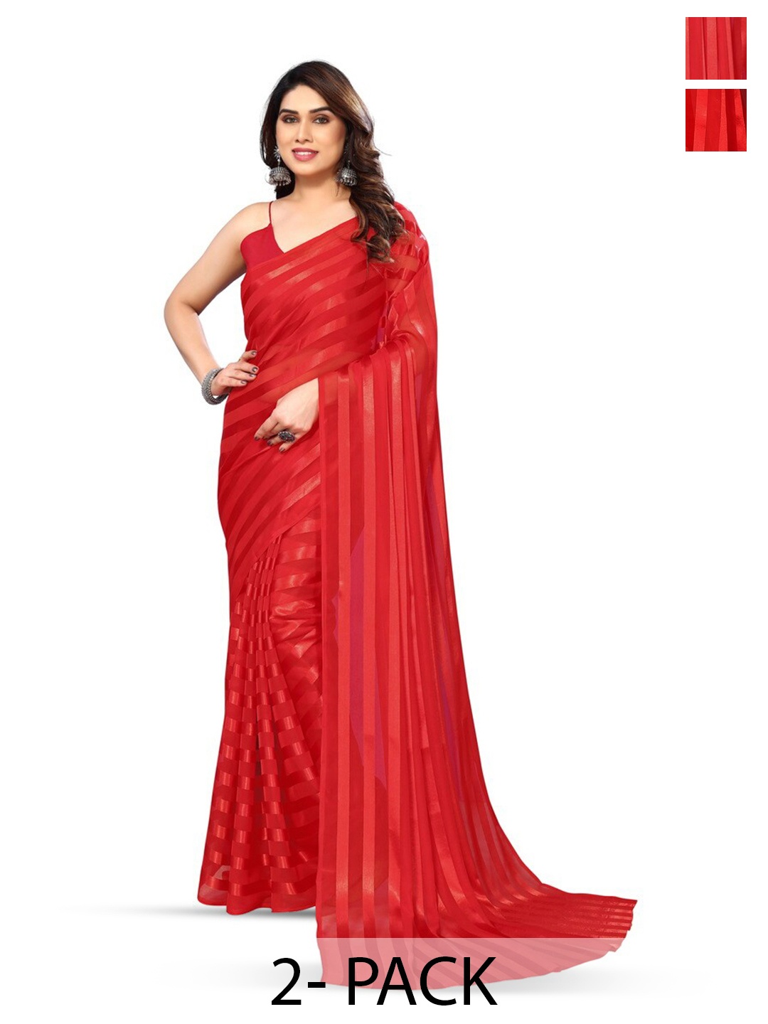 

Moda Rapido Set of 2 Striped Satin Sarees, Red