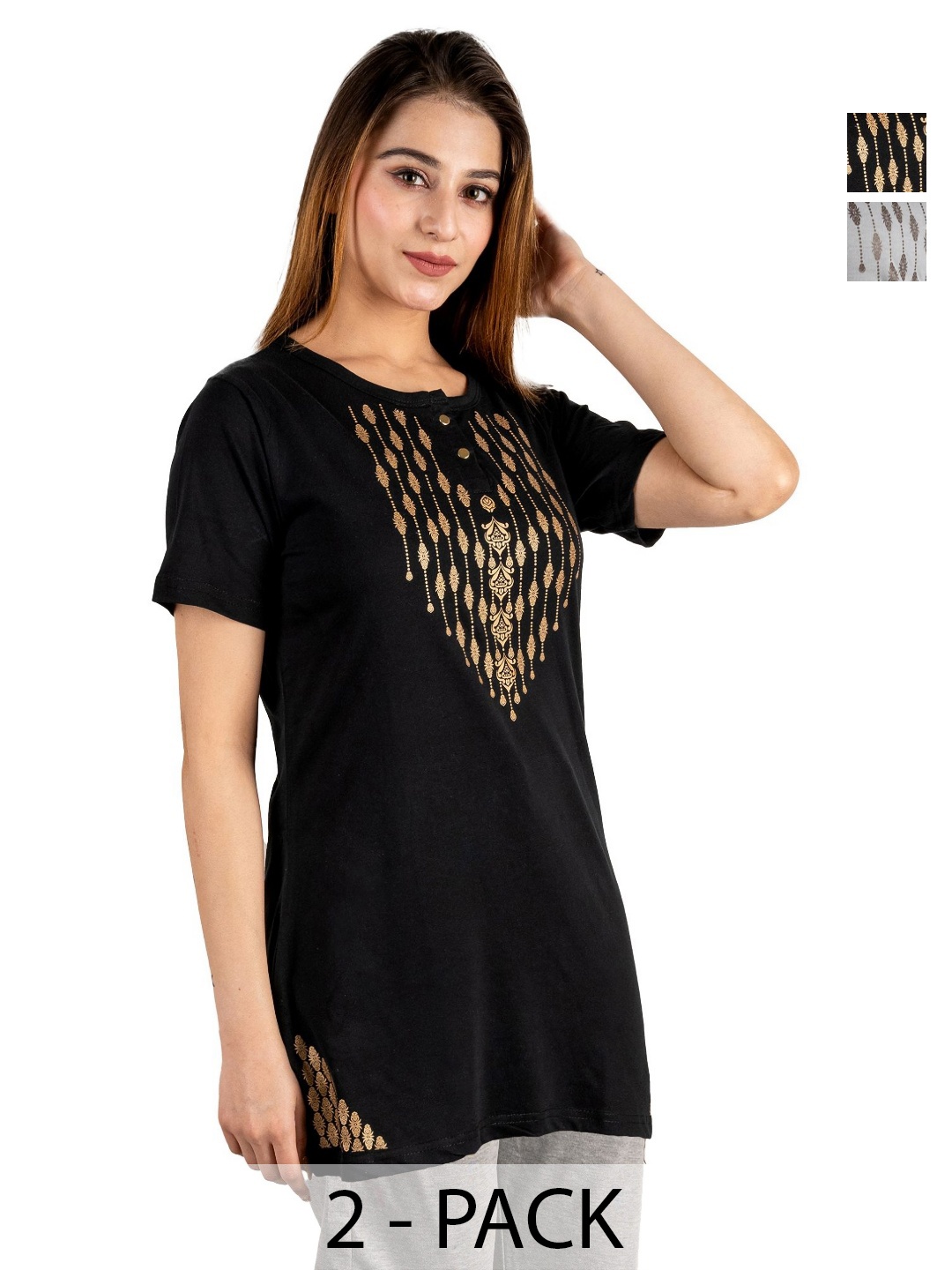 

URBE-URBAN EVOLUTION Women Pack Of 2 Floral Printed Round Neck Cotton T-shirts, Black