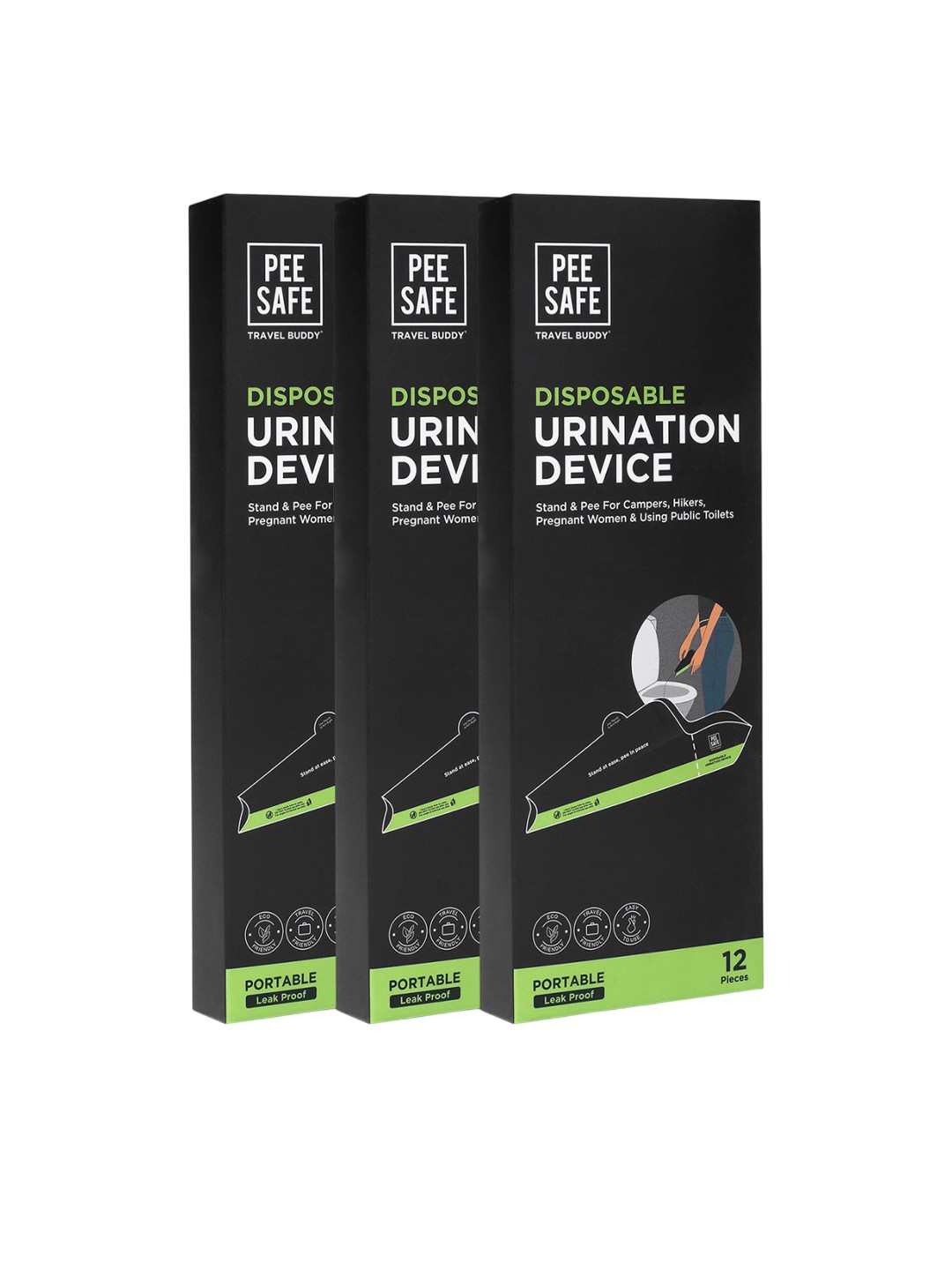 

PEESAFE Set Of 3 Foldable & Disposable Urination Device - 12 Pcs Each, Black