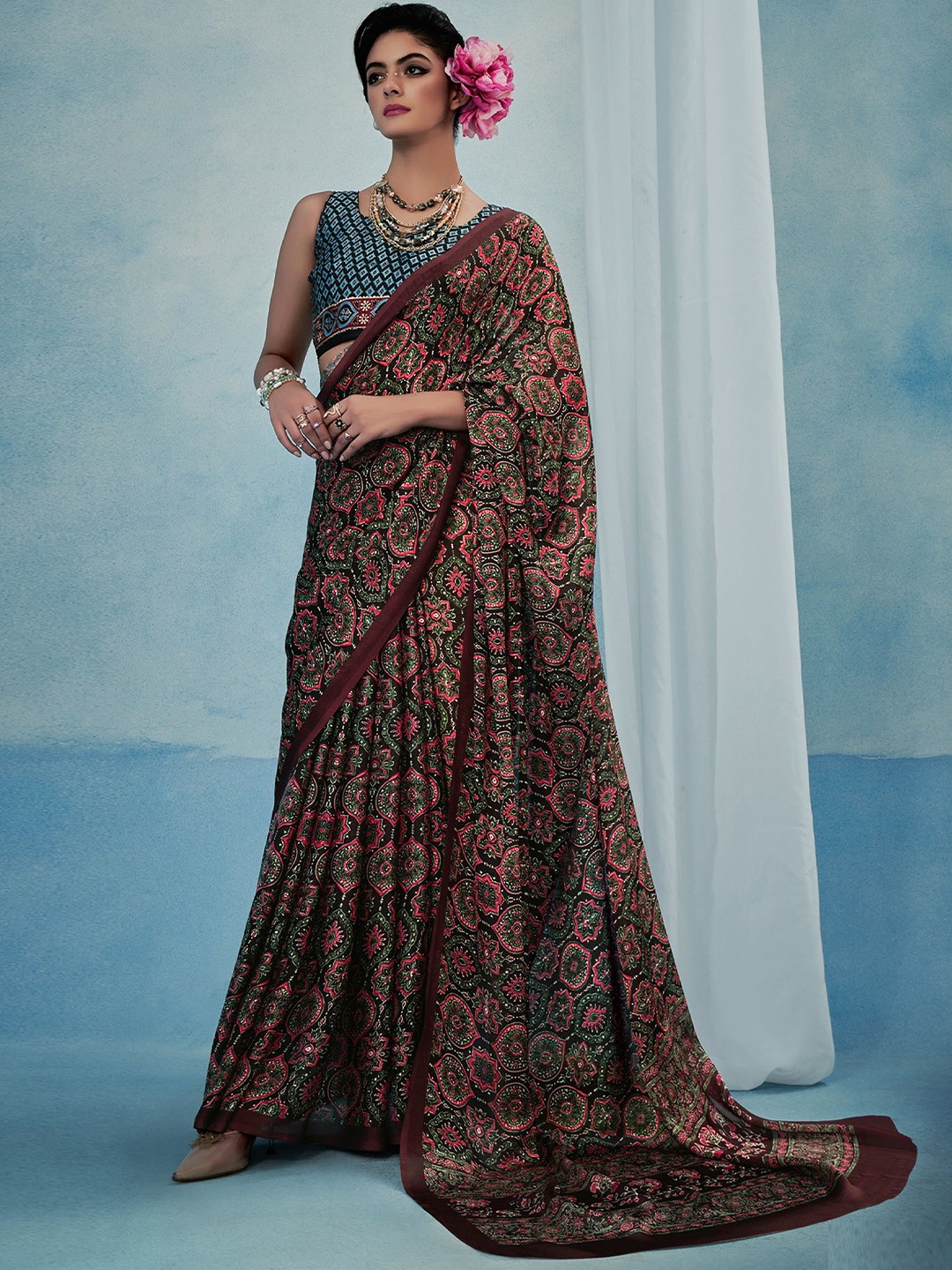 

MAHALASA Ethnic Motifs Satin Saree, Brown