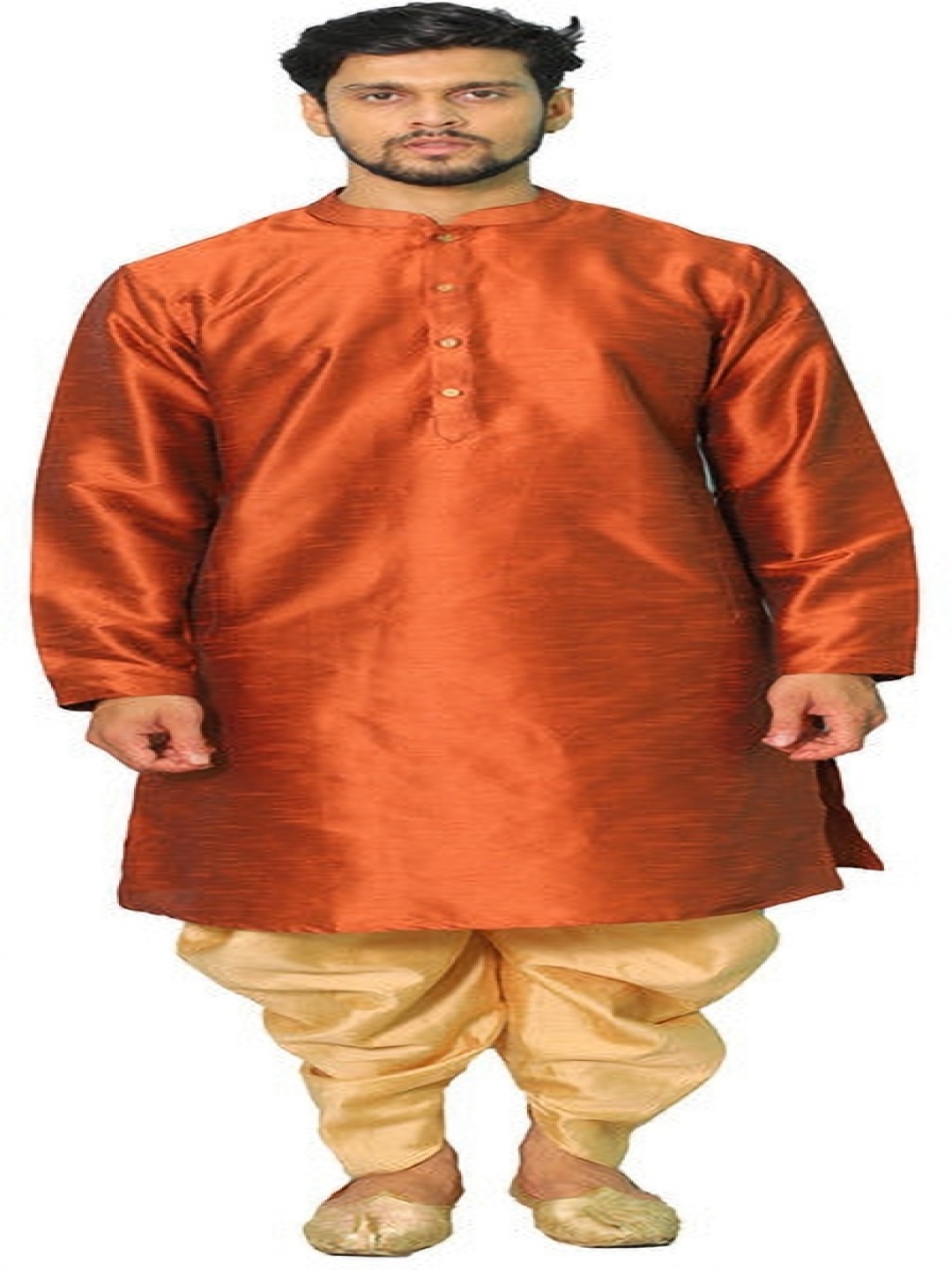 

House of Aqss Mandarin Collar Dupion Silk Straight Kurta With Dhoti Pants, Orange