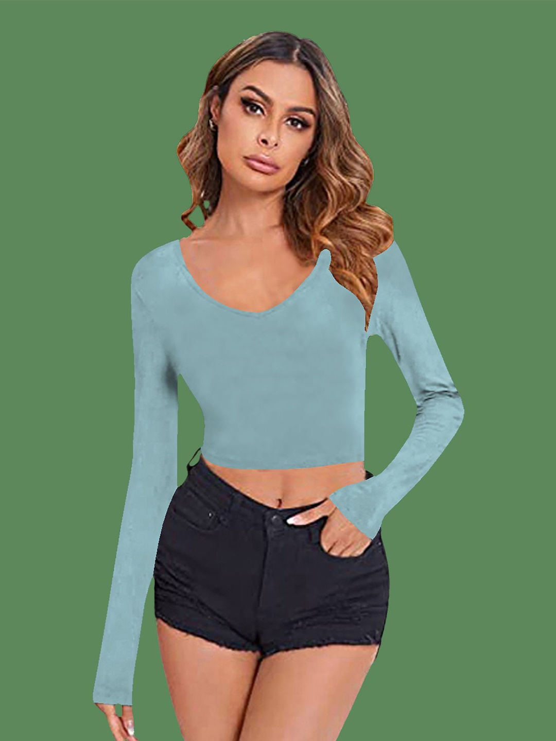 

Dream Beauty Fashion Women V-Neck Fitted Crop Top, Teal