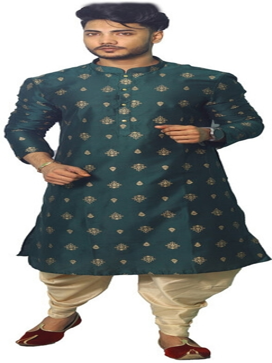 

House of Aqss Floral Printed Mandarin Collar Dupion Silk Straight Kurta And Dhoti Pants, Green