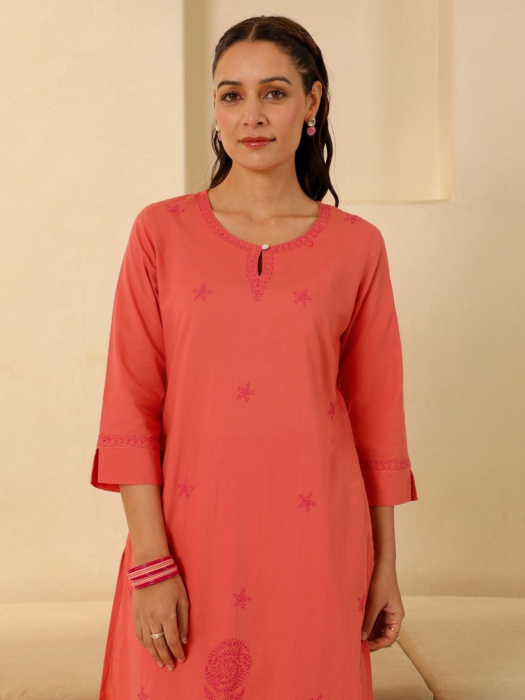 

House of Chikankari Women Woven Pure Cotton Chikankari Long Kurta Coral