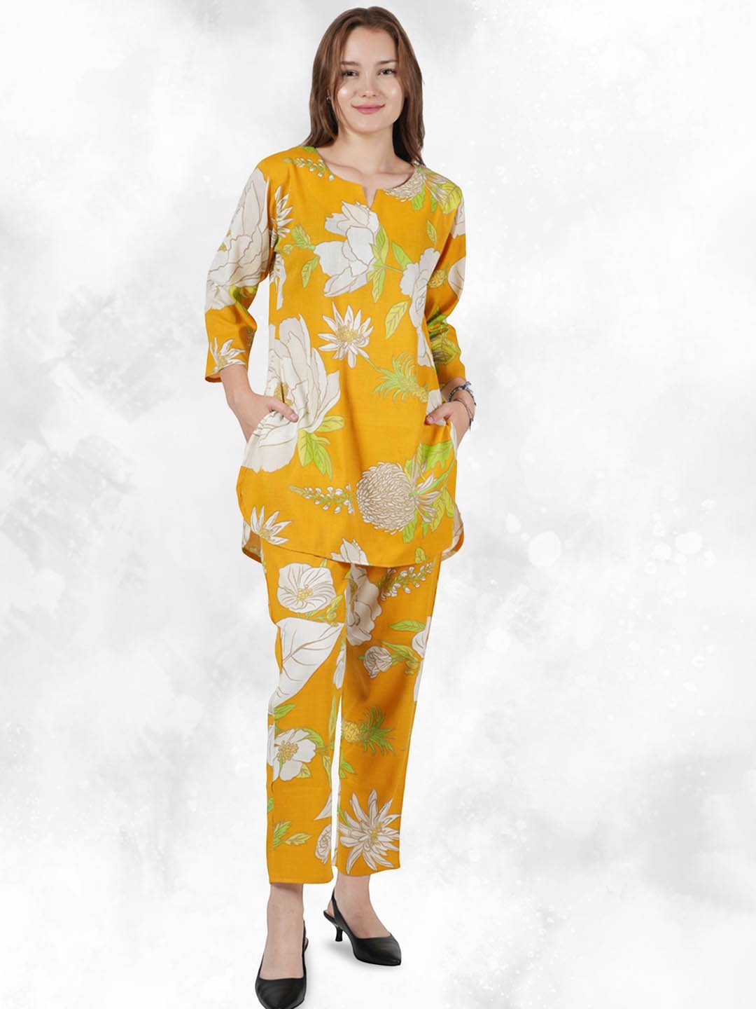 

BAESD Floral Printed Notch Neck Pure Cotton Straight Tunic With Trouser, Yellow