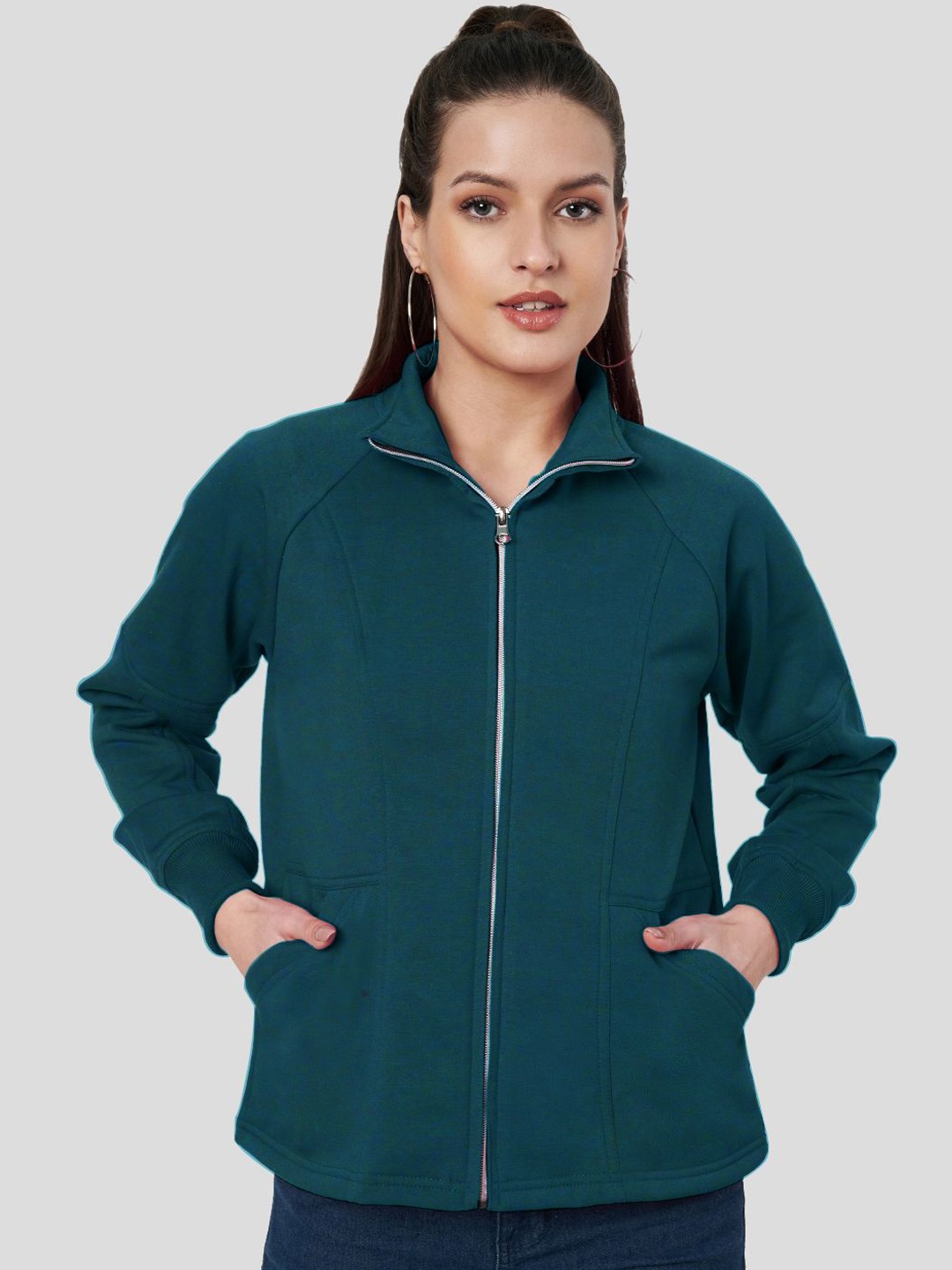 

BRINNS Women Mock Collar Solid Fleece Casual Bomber Jacket, Teal