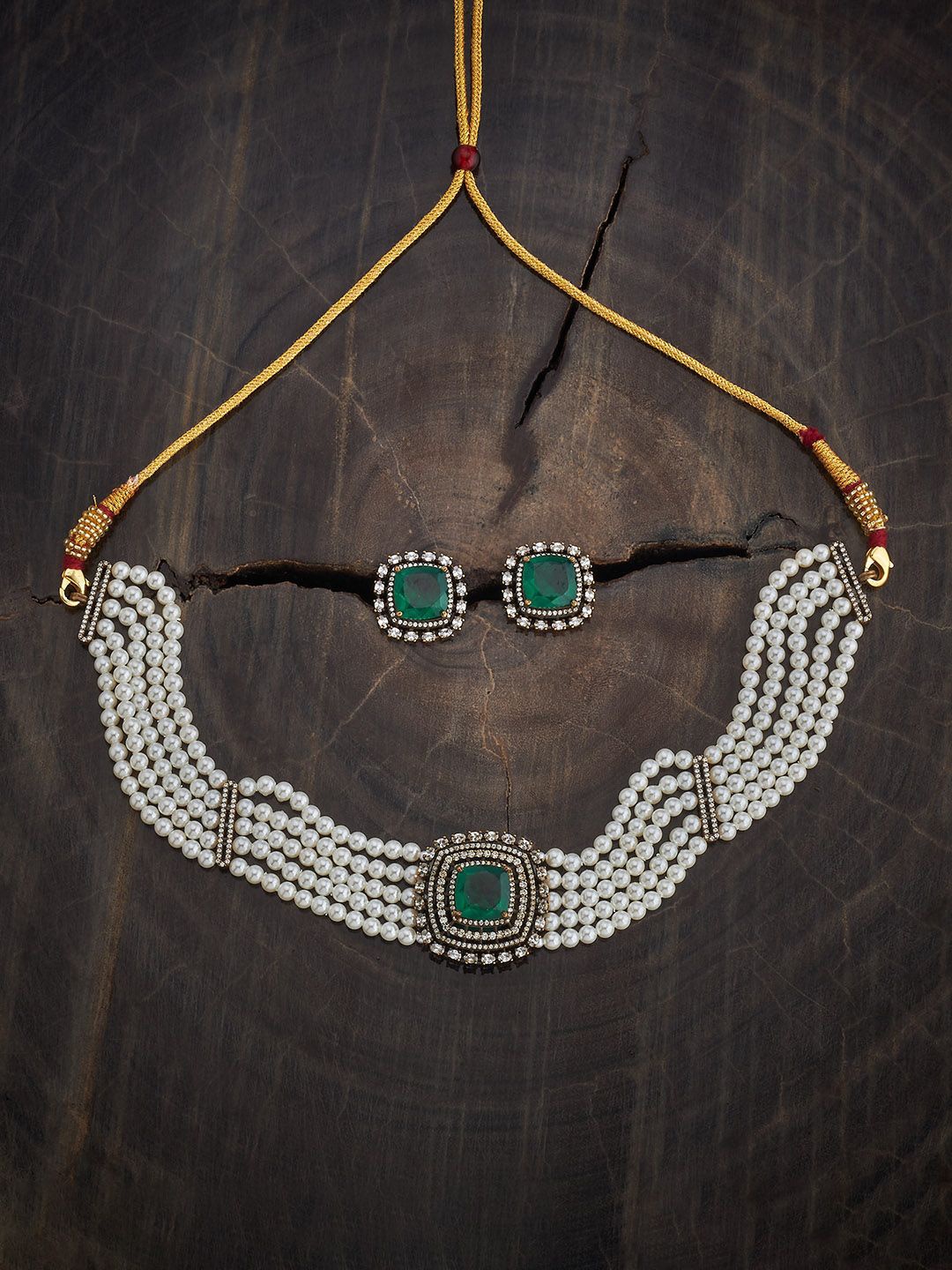 

Kushal's Fashion Jewellery Green Victorian-Plated Zirconia-Studded Jewellery Set, Gold