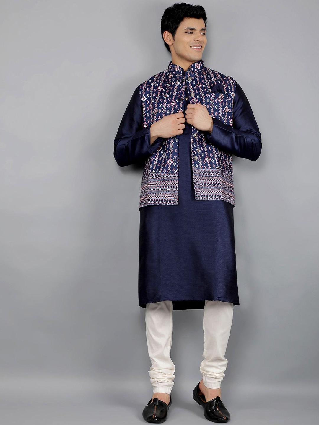

Manish Creations Mandarin Collar Straight Kurta With Churidar And Nehru Jacket, Navy blue