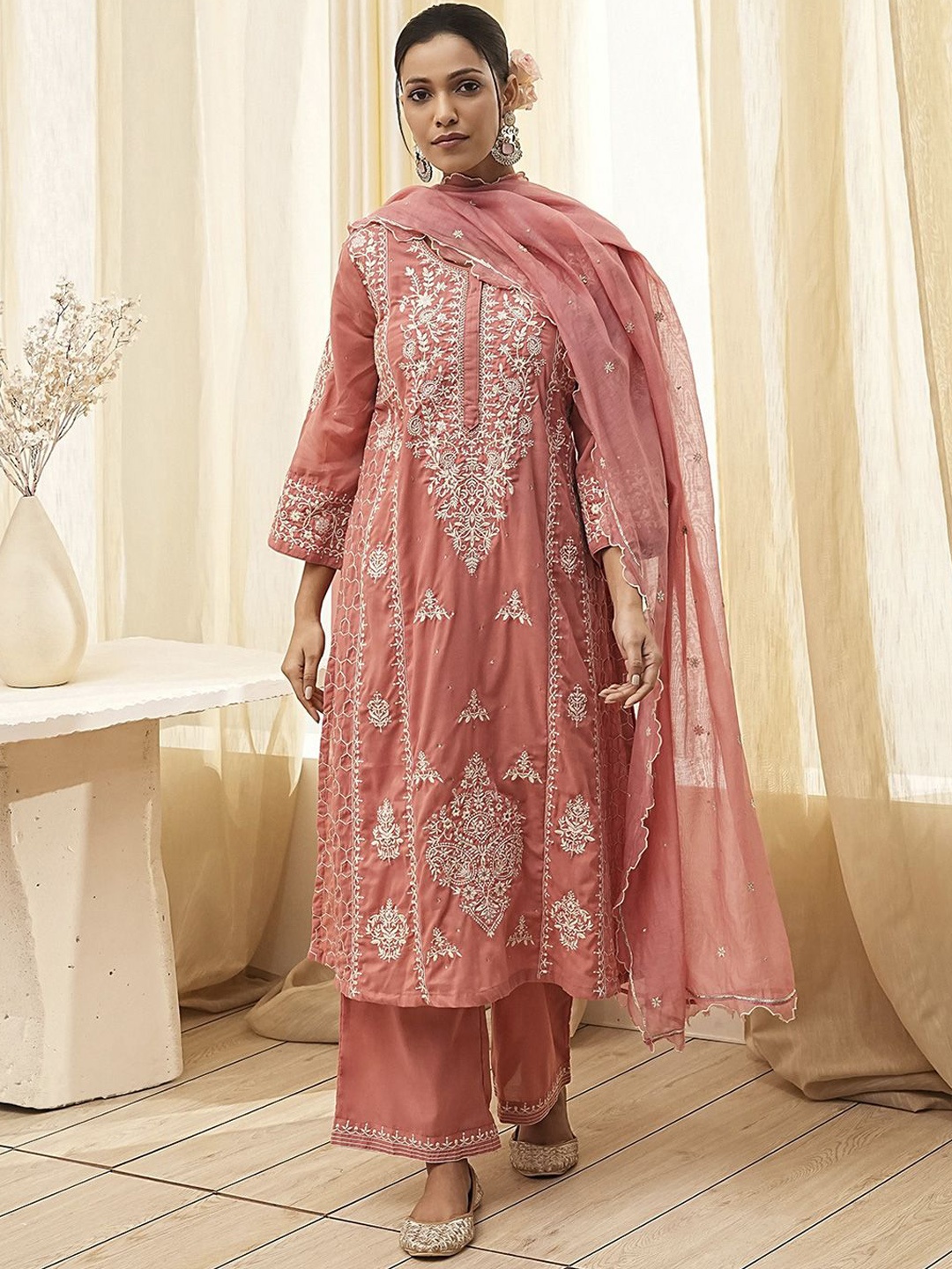 

Biba Floral Embroidered Sequinned Kurta With Palazzos And Dupatta, Pink