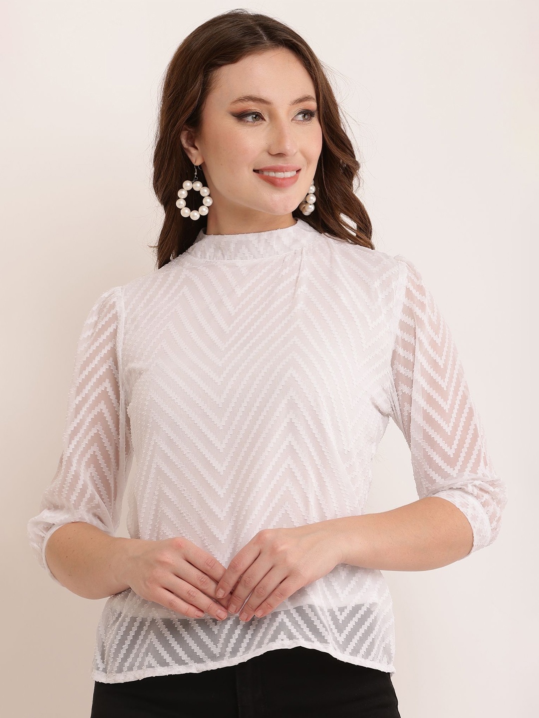 

BAESD Geometric Mandarin Collar Puff Sleeve Georgette Top, White