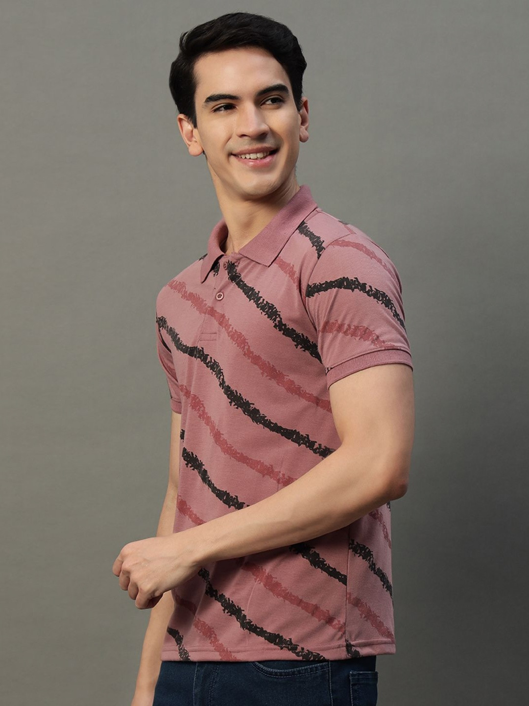 

SIMPLE SOLUTION Men Striped Polo Collar Cotton T-shirt, Mauve