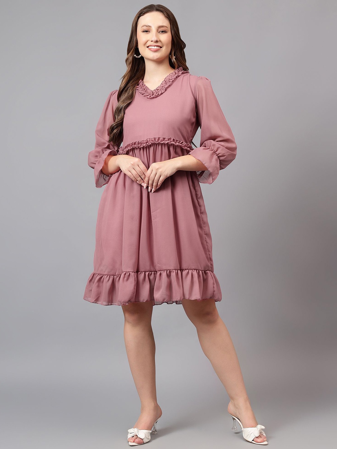 

BAESD Flared Sleeve Ruffled Georgette Fit & Flare Dress, Peach