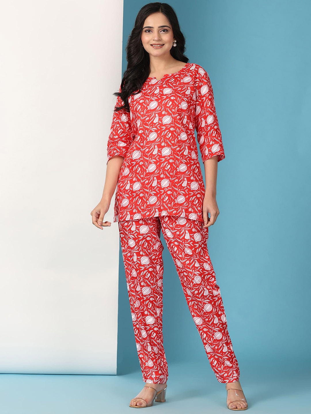 

Smartyhub Floral Printed Notch Neck Tunic With Trouser, Red