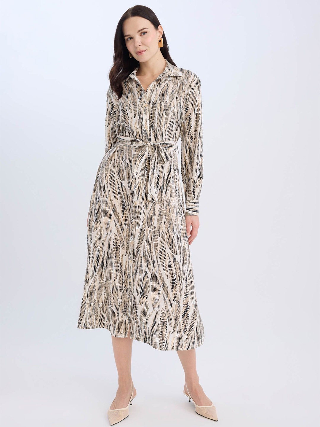 

DeFacto Women Printed Shirt Collar Shirt Midi Dress, White