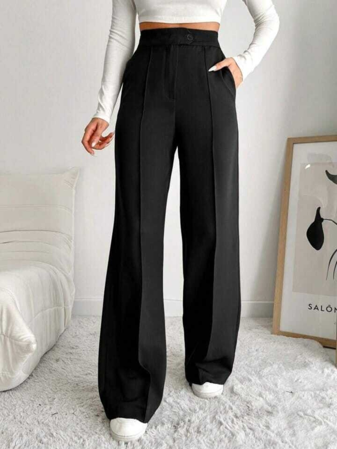 

BROADSTAR Women Smart Straight Fit High-Rise Easy Wash Pleated Korean Pants, Black