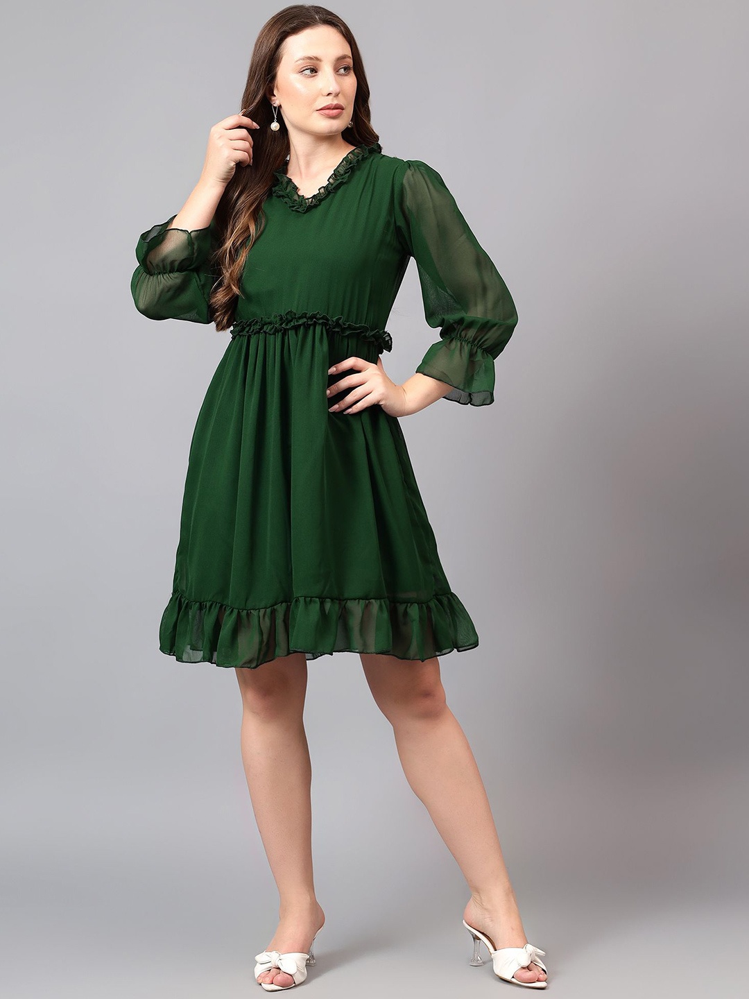 

BAESD Flared Sleeve Ruffled Georgette Fit & Flare Dress, Green