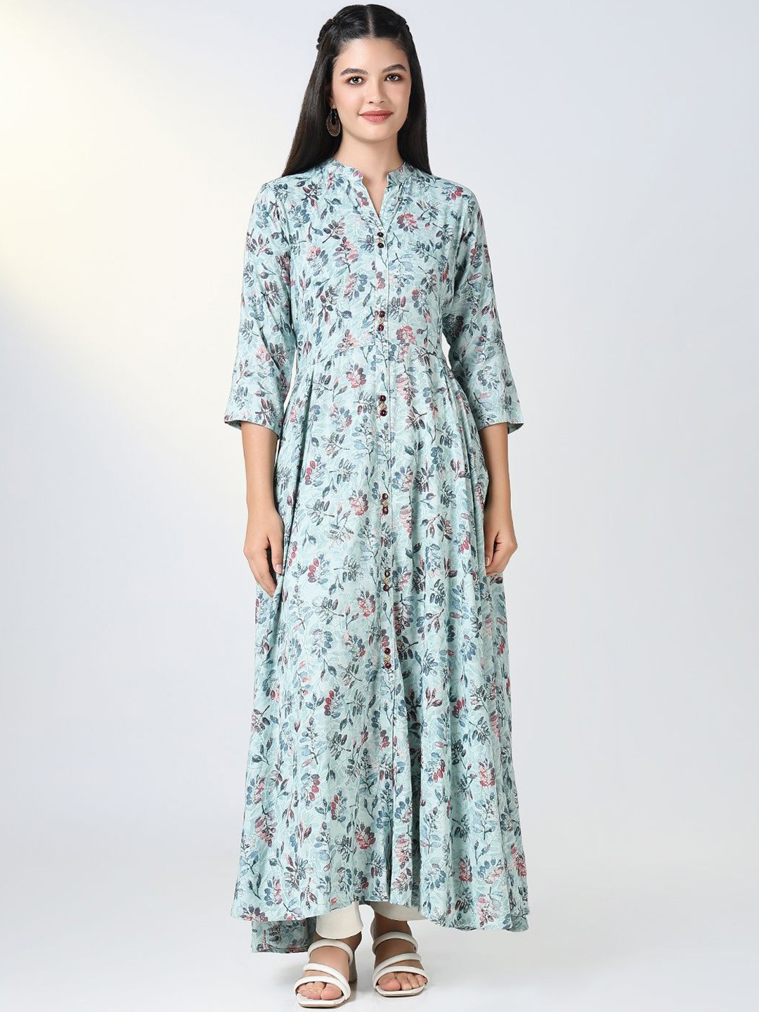 

SHOWOFF Floral Printed Mandarin Collar Anarkali Kurtas, Blue