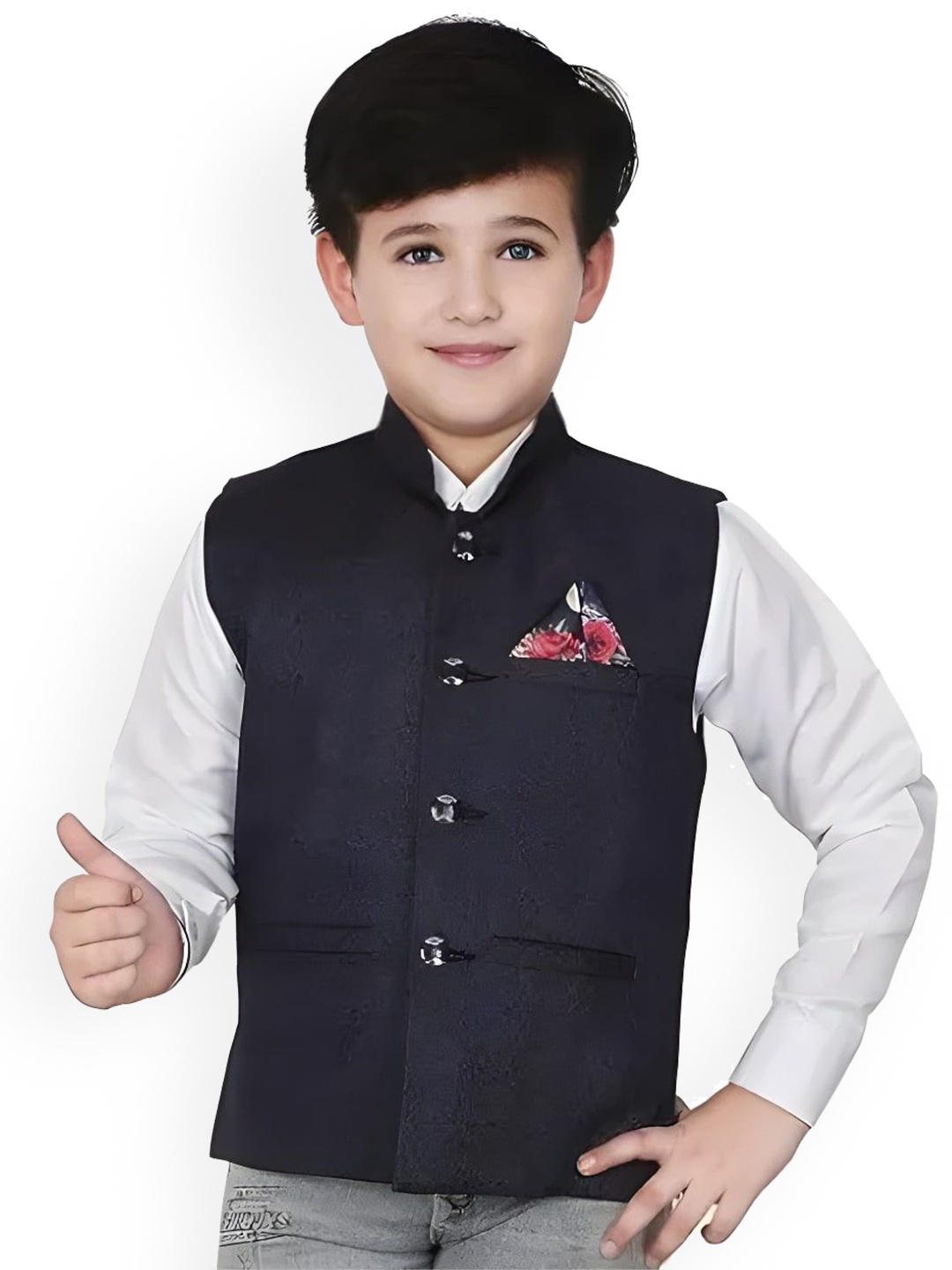 

Qitty Boys Woven Nehru Jacket With Shirt, Navy blue