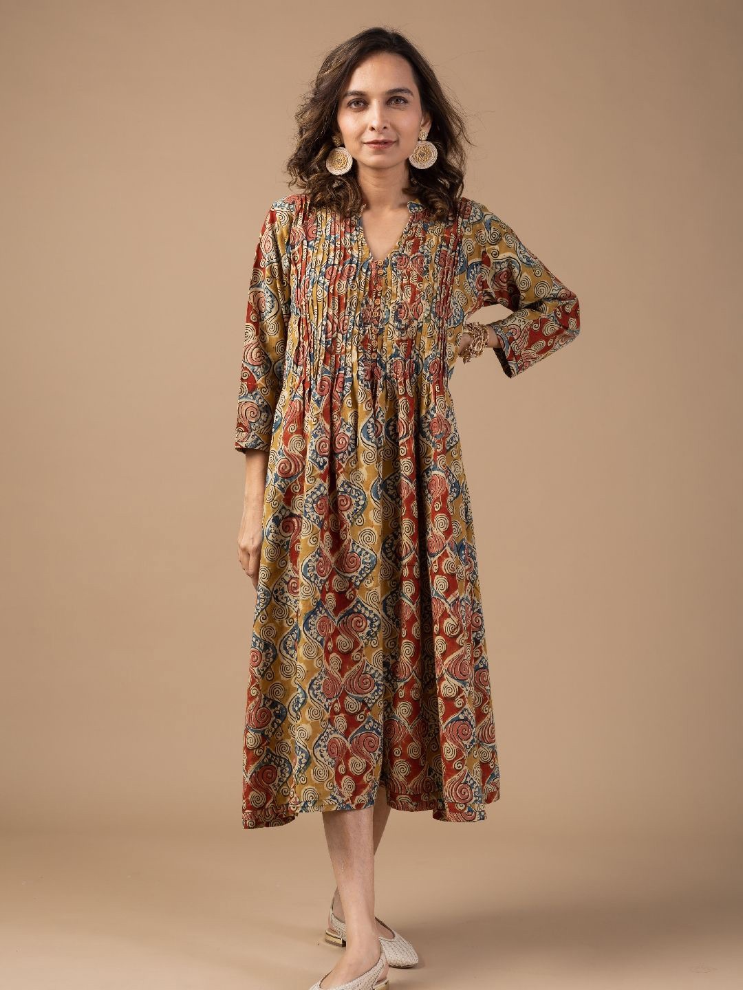 

KUSVAA Women Visha Cotton Block Print Dress, Tan