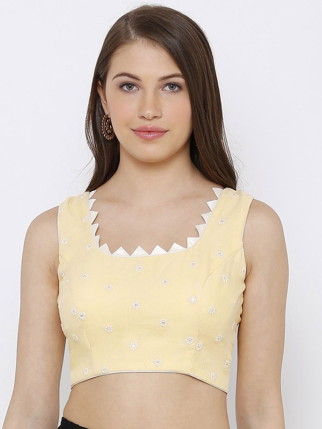 

Mmore Woven Design Padded Sleeveless Saree Blouse, Yellow