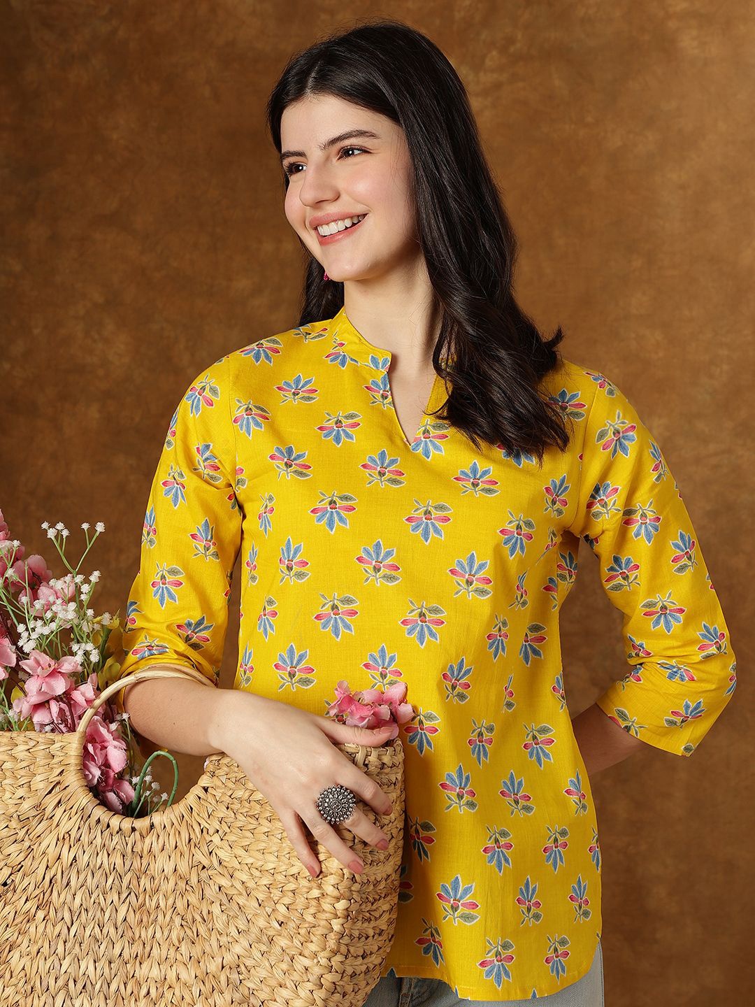 

KALINI Floral Printed Three-Quarter Sleeves Cotton Top, Yellow