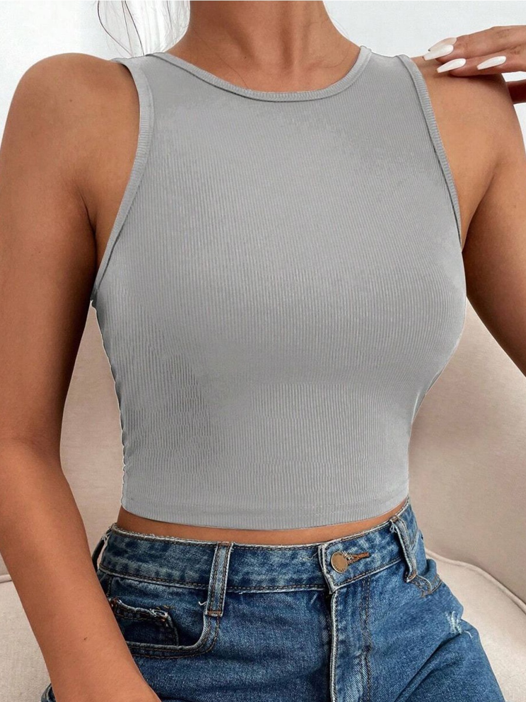 

TOOCHKI Women Round Neck Sleeveless Lycra Fitted Crop Tank Top, Grey
