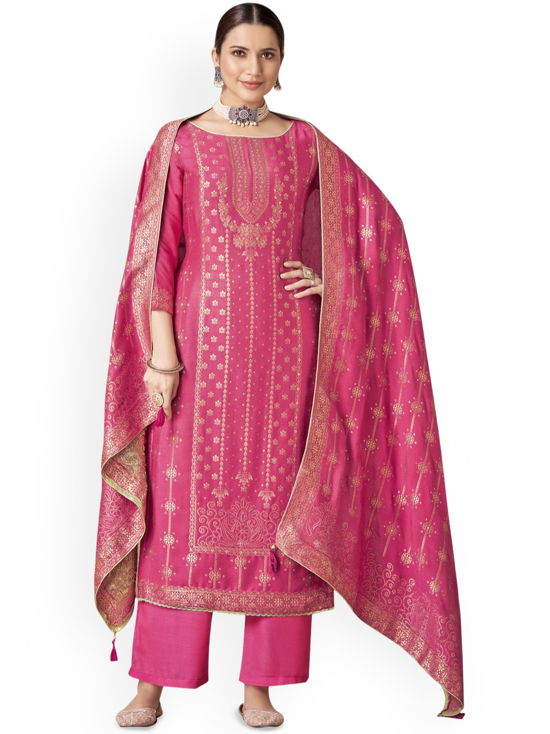 

DRAVINAM Trends Floral Woven Design Pashmina Unstitched Dress Material, Pink