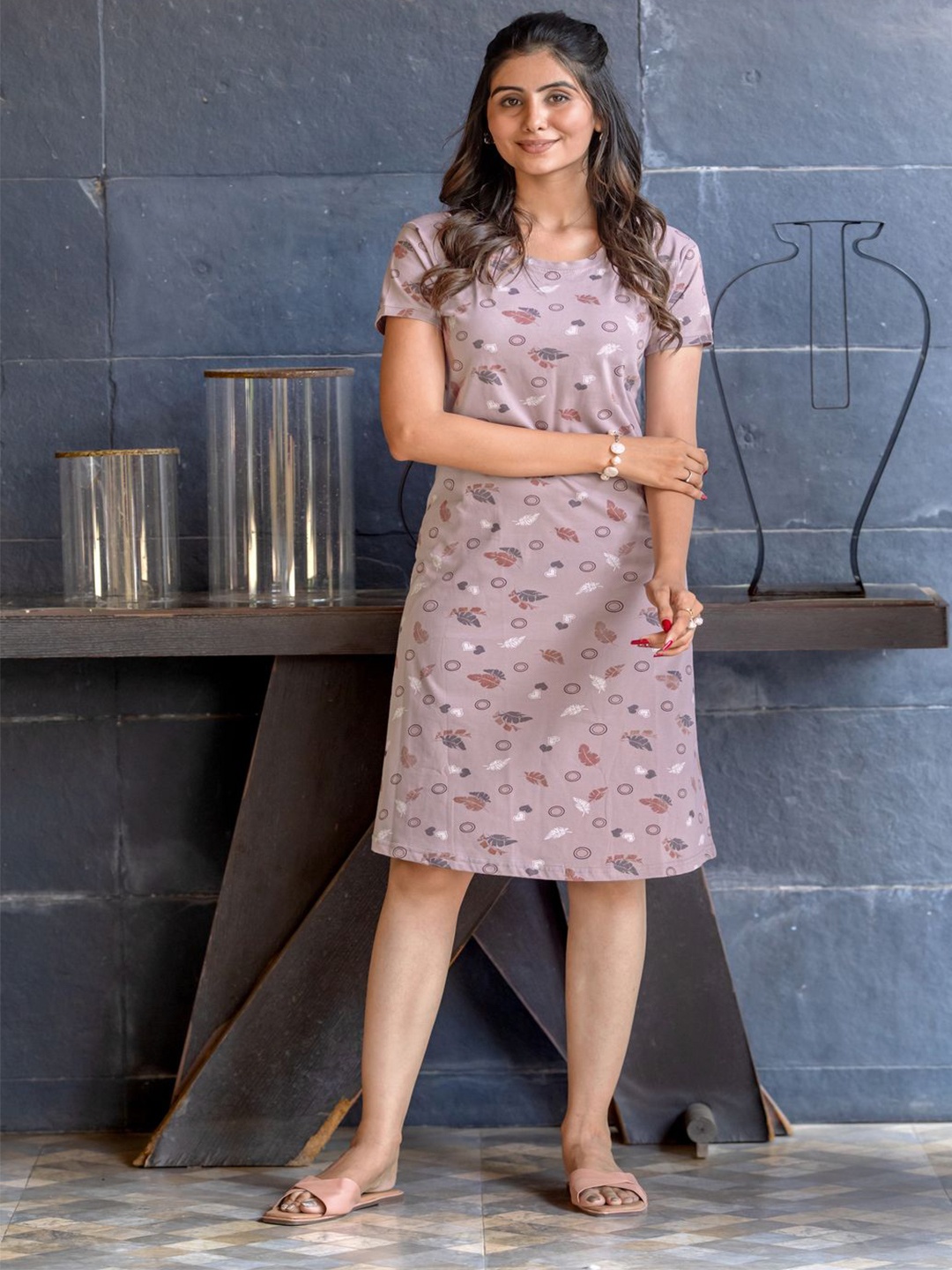

SWEET MOON Floral Printed Round Neck Midi T-Shirt Nightdress, Violet