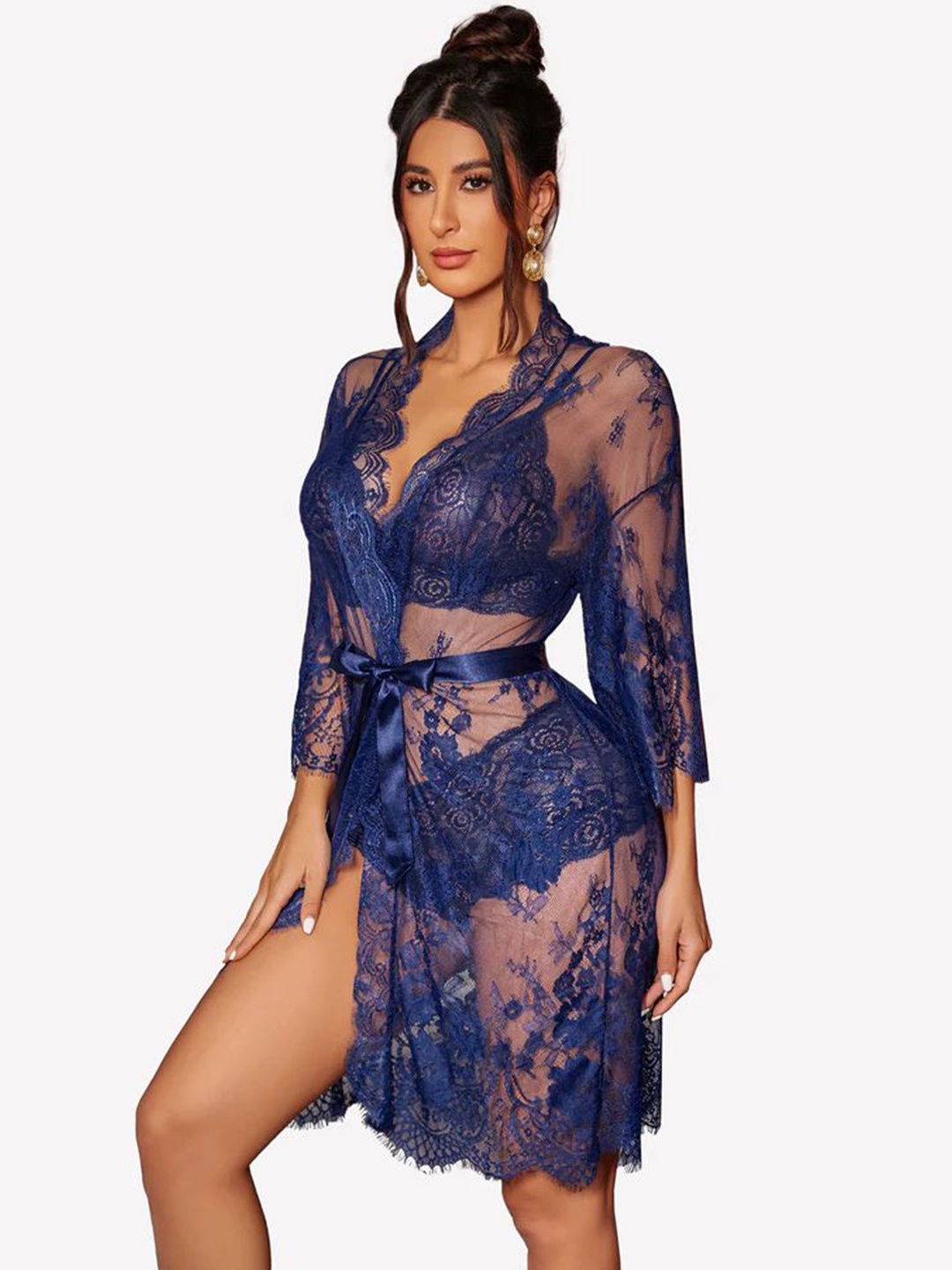 

new blue eyes Women Floral Lace Baby Doll With Robe, Navy blue