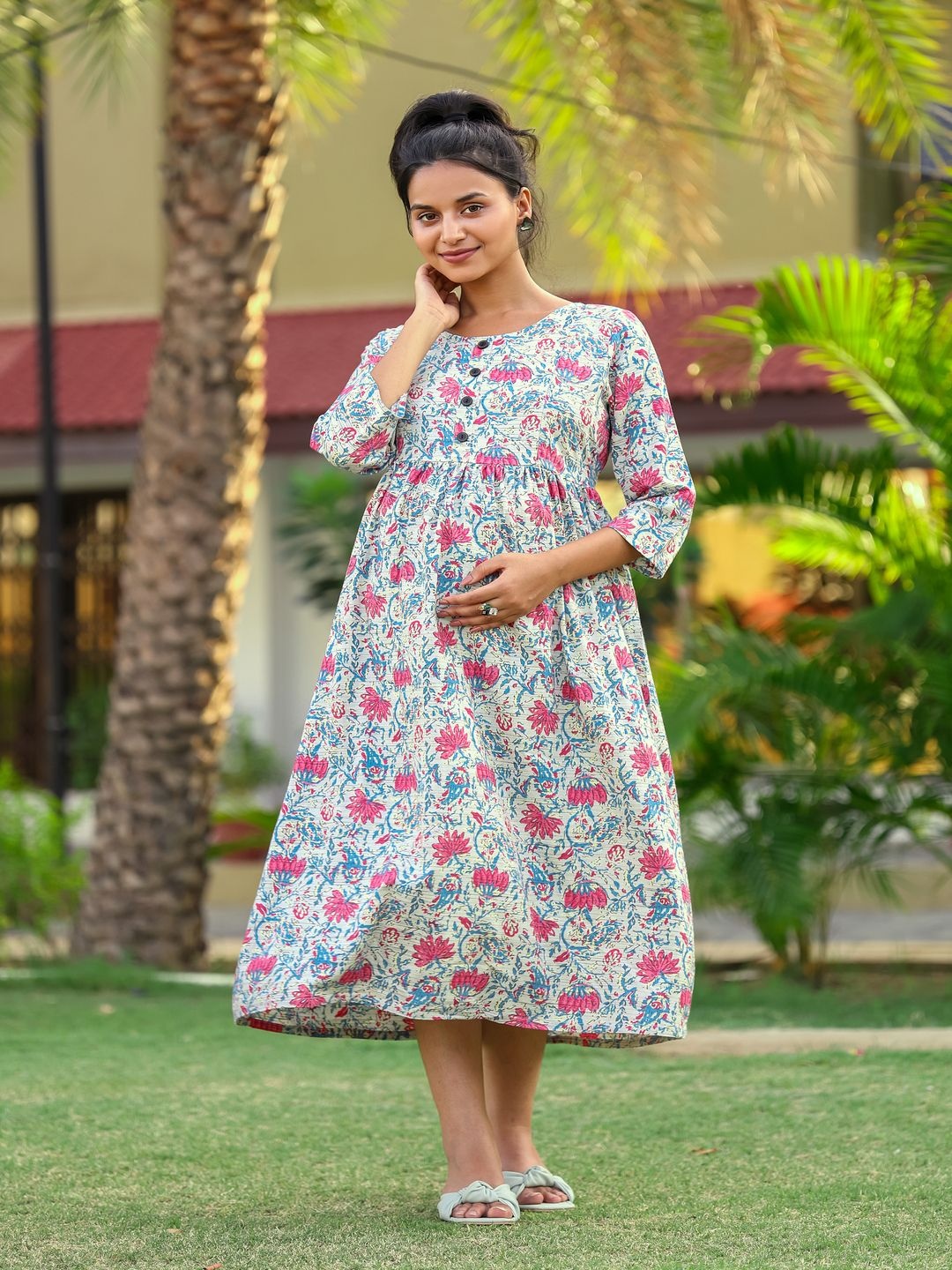 

SWEET MOON Floral Printed Maternity Fit and Flare Midi Dress, Grey