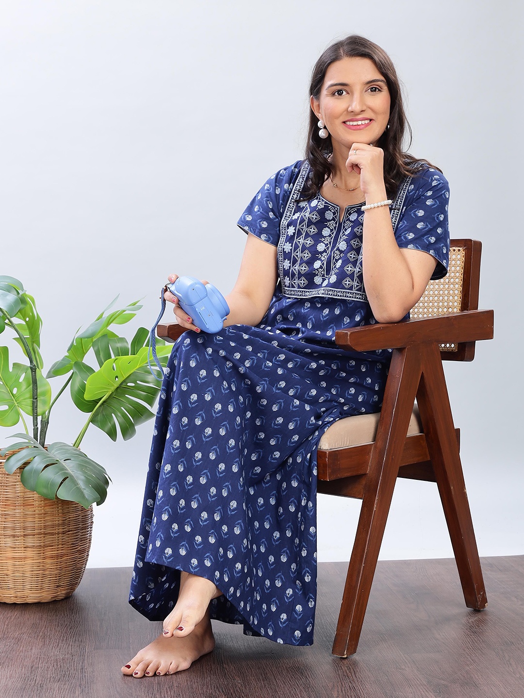 

9shines Label Women Printed Maxi Nightdress, Blue