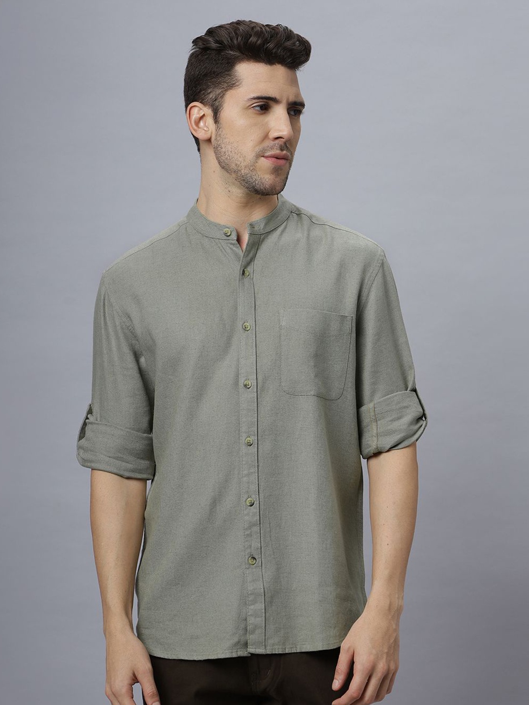 

NEON CHILLIE Men Regular Fit Band Collar Solid Cotton Casual Shirt, Green