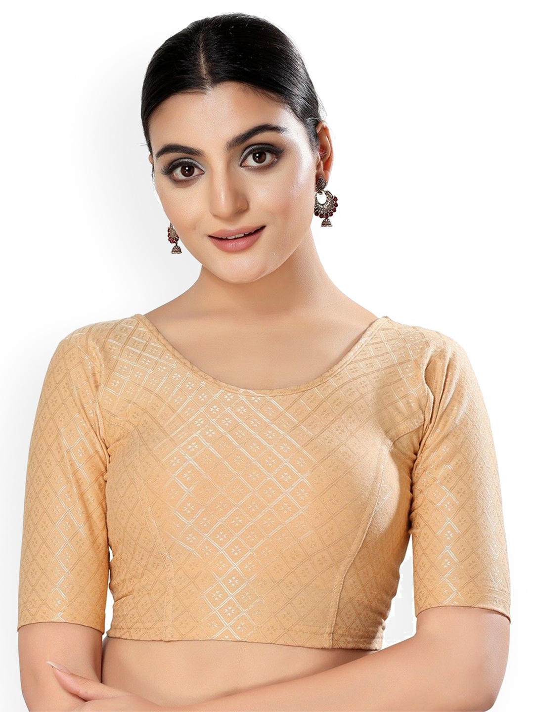 

Mmore Round Neck Cotton Woven Design Slip-On Stretchable Saree Blouse, Gold