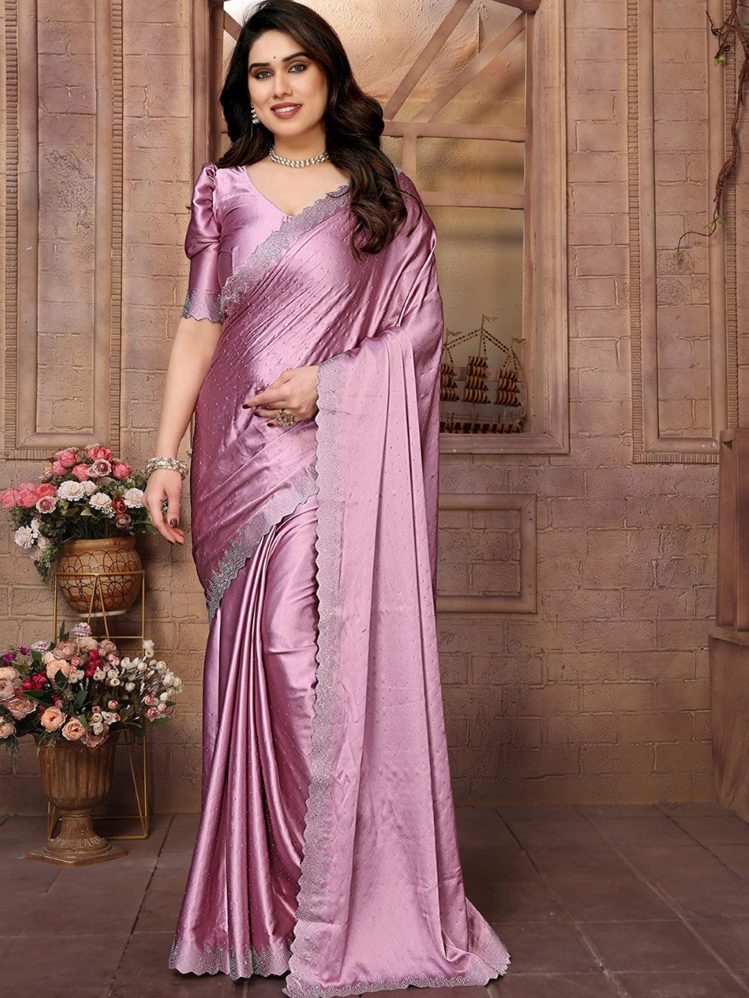 

KALINI Embellished Beads and Stones Satin Saree, Pink