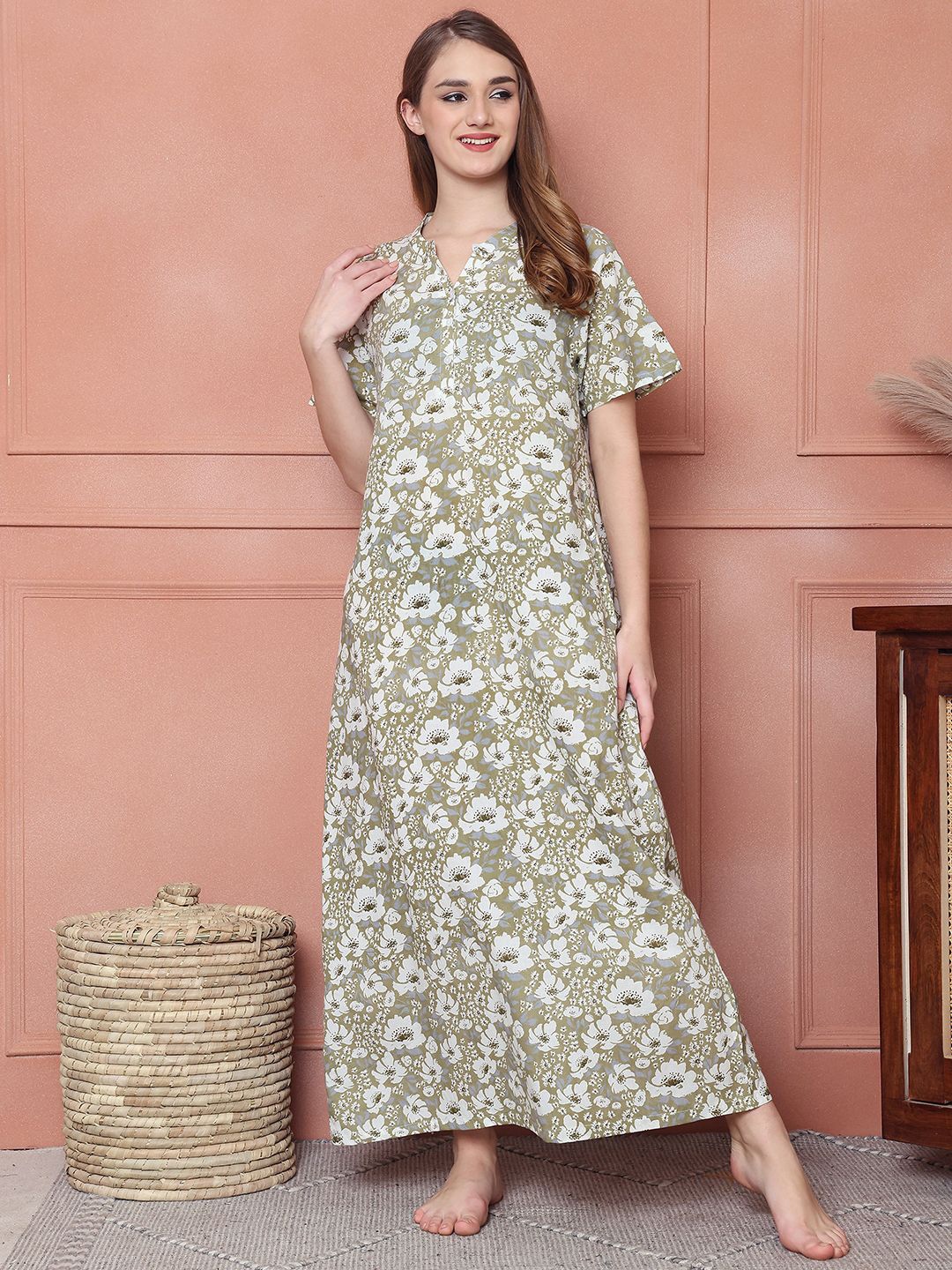 

Kanvin Women Printed Pure Cotton Nightdress, Green